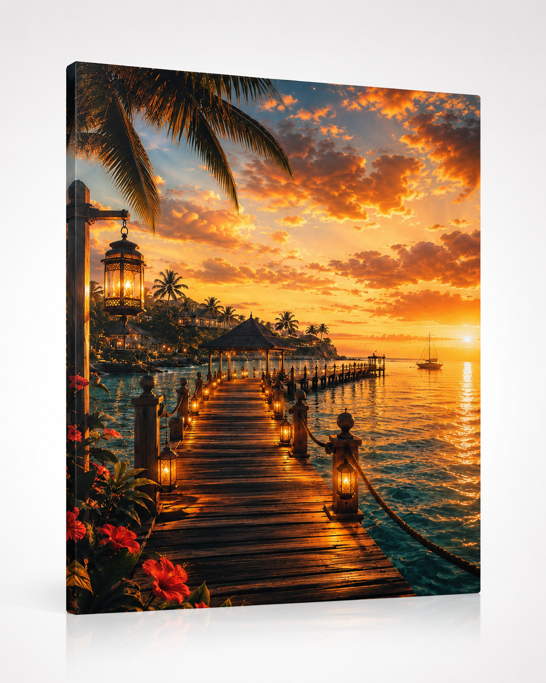 Tropical Sunset Pier Canvas Wall Art | Coastal Beach Landscape | Luxury Ocean Sunset Canvas Print | Living Room, Bedroom & Office Decor