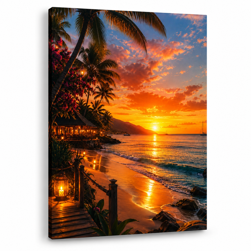 Luxury Tropical Sunset Beach Canvas Wall Art | Coastal Ocean Decor