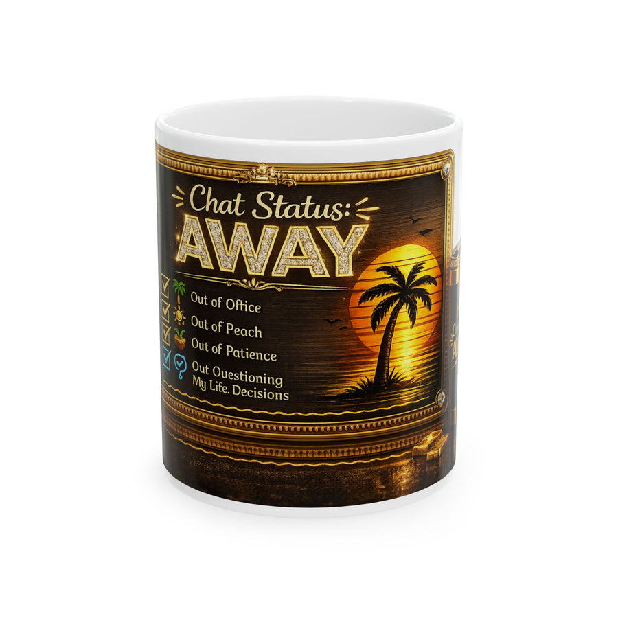 Away Status Ceramic Mug — "Chat Status: AWAY" Tropical Sunset Coffee Cup (11oz/15oz)